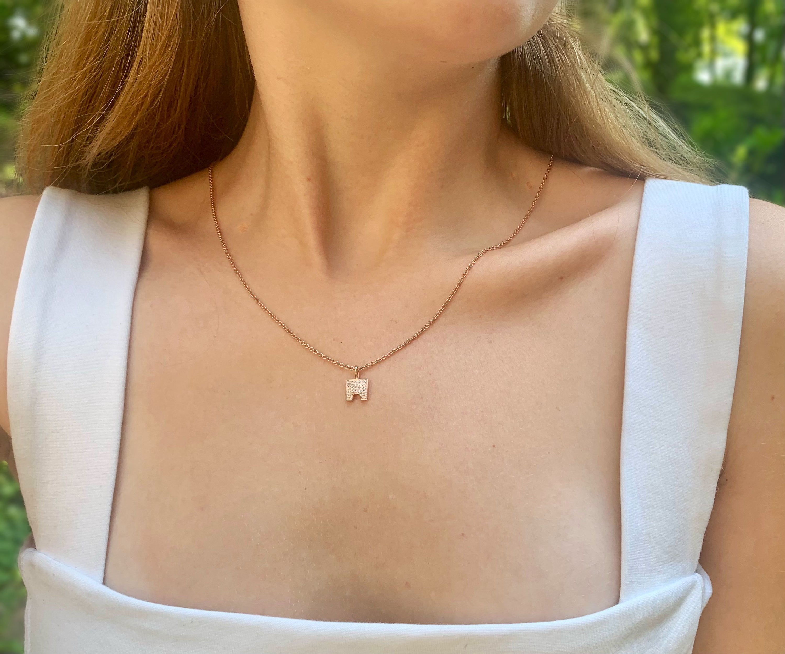 City Arches Square Diamond Pendant in 14K Rose Gold Vermeil, featuring genuine diamonds and an 18-inch cable chain.