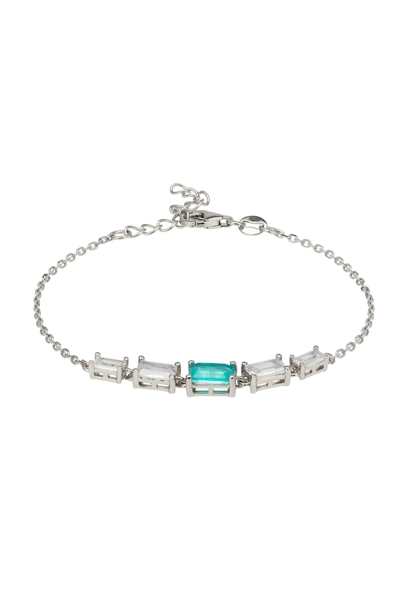 Clara Gemstone Bracelet made of 925 sterling silver featuring a rectangular lab-created Paraiba tourmaline and baguette cut cubic zirconia stones.