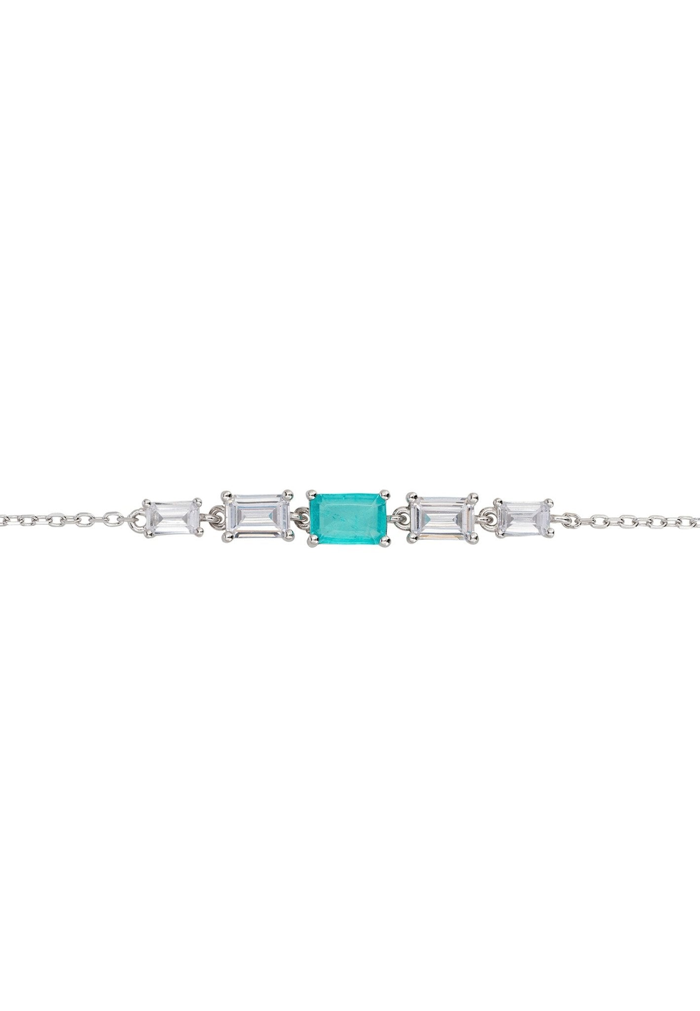 Clara Gemstone Bracelet made of 925 sterling silver featuring a rectangular lab-created Paraiba tourmaline and baguette cut cubic zirconia stones.