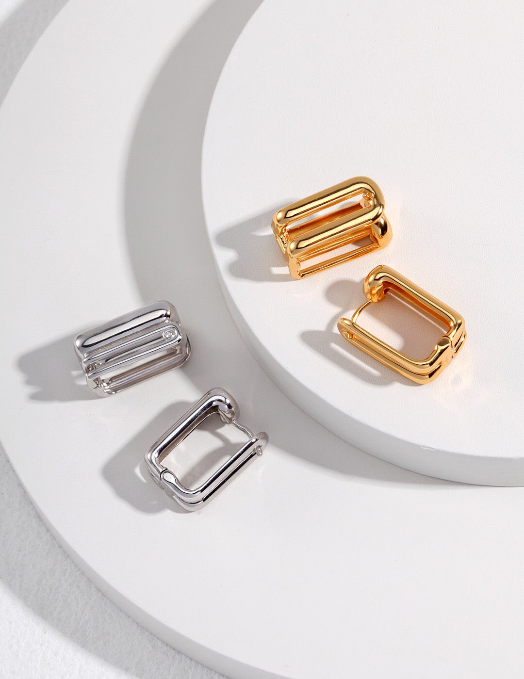 Classic and Simple Rectangular Clip Earrings made of sterling silver and gold vermeil, showcasing a sleek and elegant design.