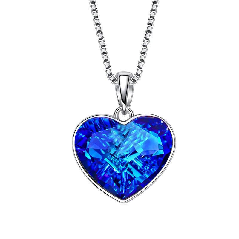 Classic Bermuda blue heart necklace designed in Italy, featuring 18K white gold plating and embellished with sparkling Austrian crystals.