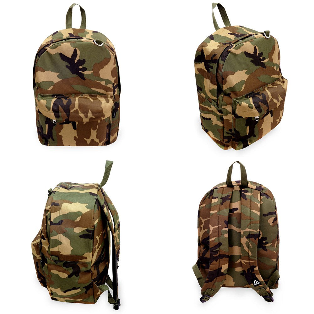 Classic Camo Backpack featuring jungle camouflage print, padded shoulder straps, and front zippered pocket.