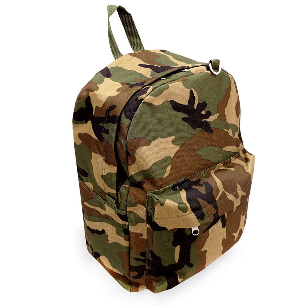 Classic Camo Backpack featuring jungle camouflage print, padded shoulder straps, and front zippered pocket.