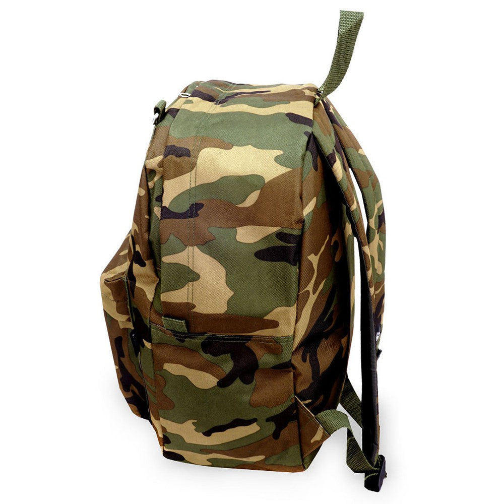 Classic Camo Backpack featuring jungle camouflage print, padded shoulder straps, and front zippered pocket.