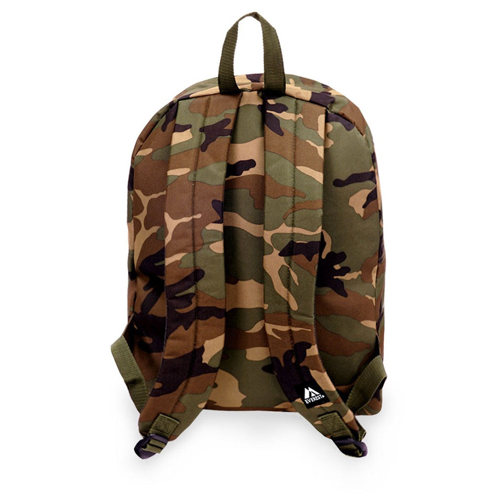 Classic Camo Backpack featuring jungle camouflage print, padded shoulder straps, and front zippered pocket.