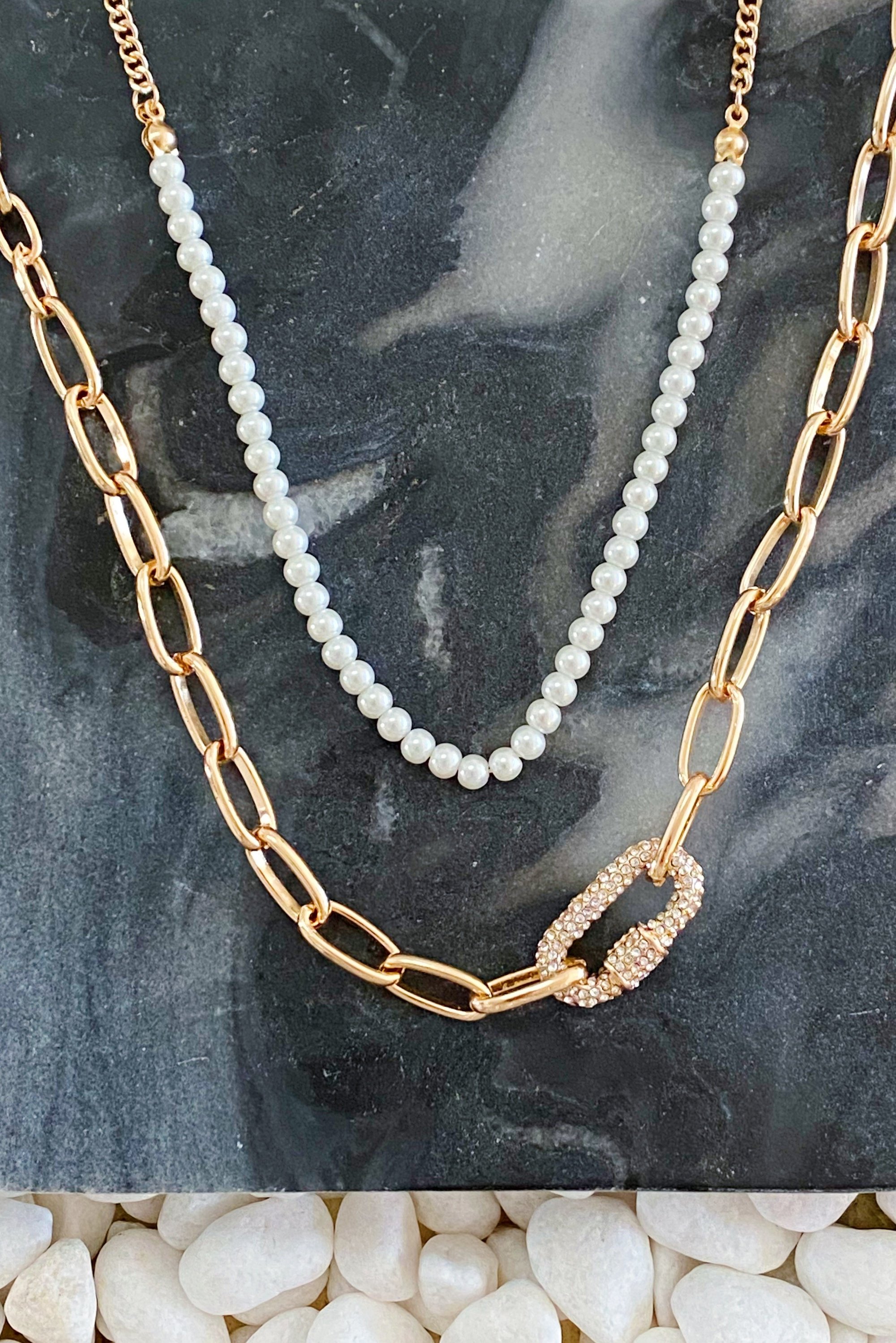 Classic Duo Layered Pearl Necklace Set featuring pearl beads and chunky link chain, elegantly displayed.