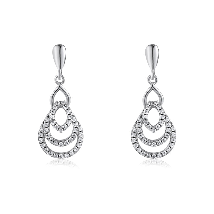 A pair of classic earrings made from 925 sterling silver with a white gold finish and adorned with white sapphire stones.