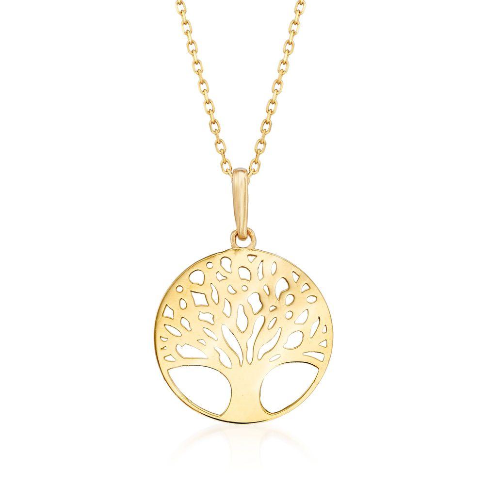 Classic Essential Tree Of Life Circular Pendant Necklace in 14K Gold with link chain and lobster clasp, showcasing elegant design.