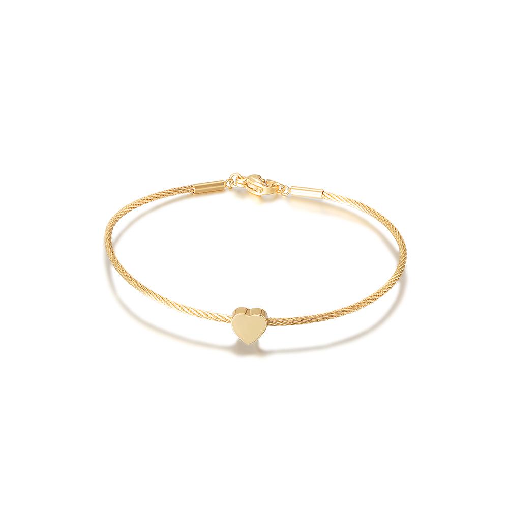 A stylish Classic Heart Cable Bangle Bracelet made of stainless steel with 14K gold plating, featuring a heart design.