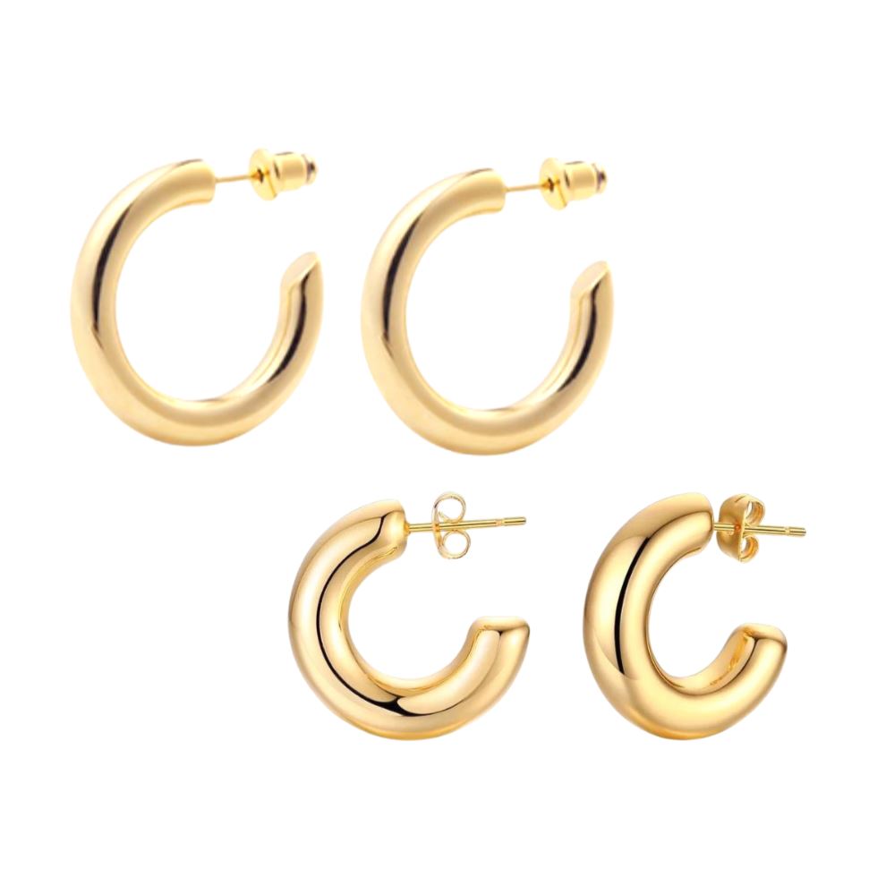 SJD Classic Hoop Earring Set featuring Anya and Chloe Mini Hoops in 18k gold plating, showcasing their elegant design.