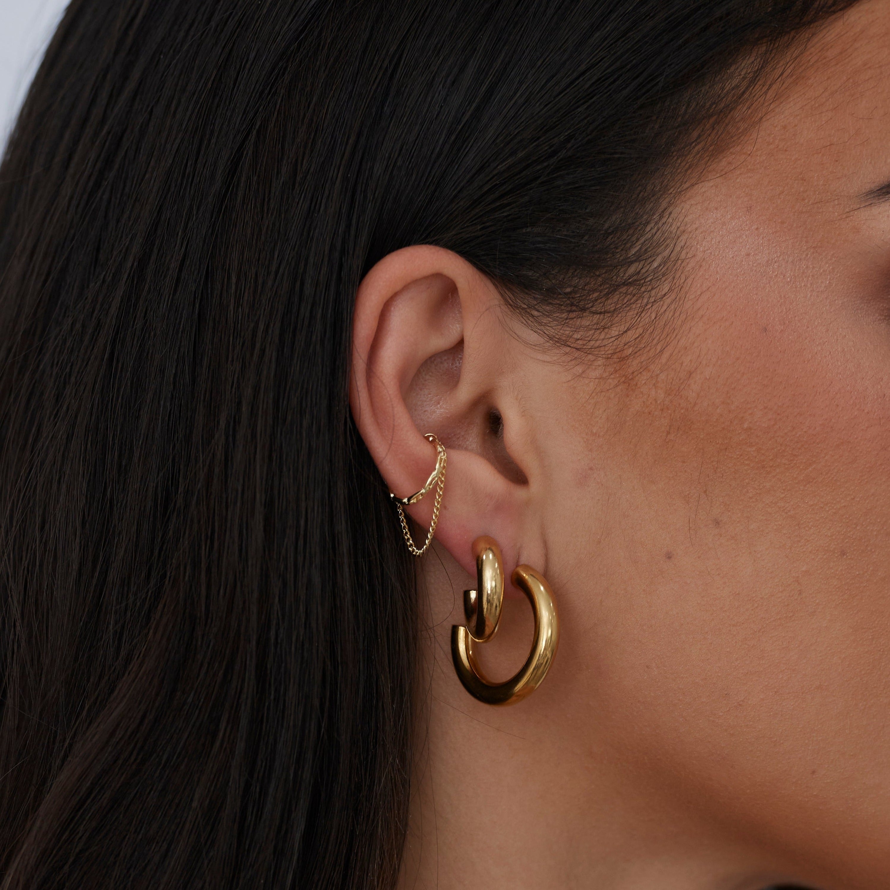 SJD Classic Hoop Earring Set featuring Anya and Chloe Mini Hoops in 18k gold plating, showcasing their elegant design.