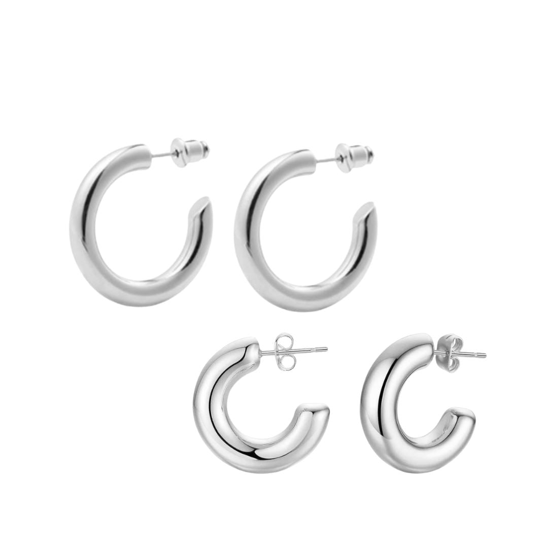 SJD Classic Hoop Earring Set featuring Anya and Chloe Mini Hoops in 18k gold plating, showcasing their elegant design.