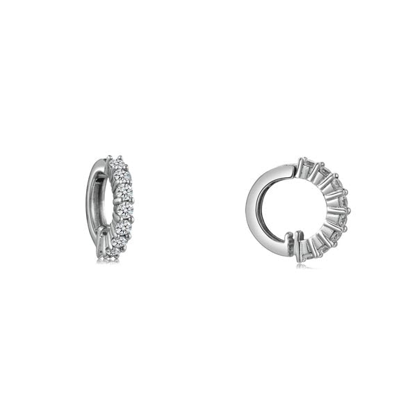 Classic huggie earrings made of 925 sterling silver with white gold finish and white sapphire stone, showcasing elegance and durability.