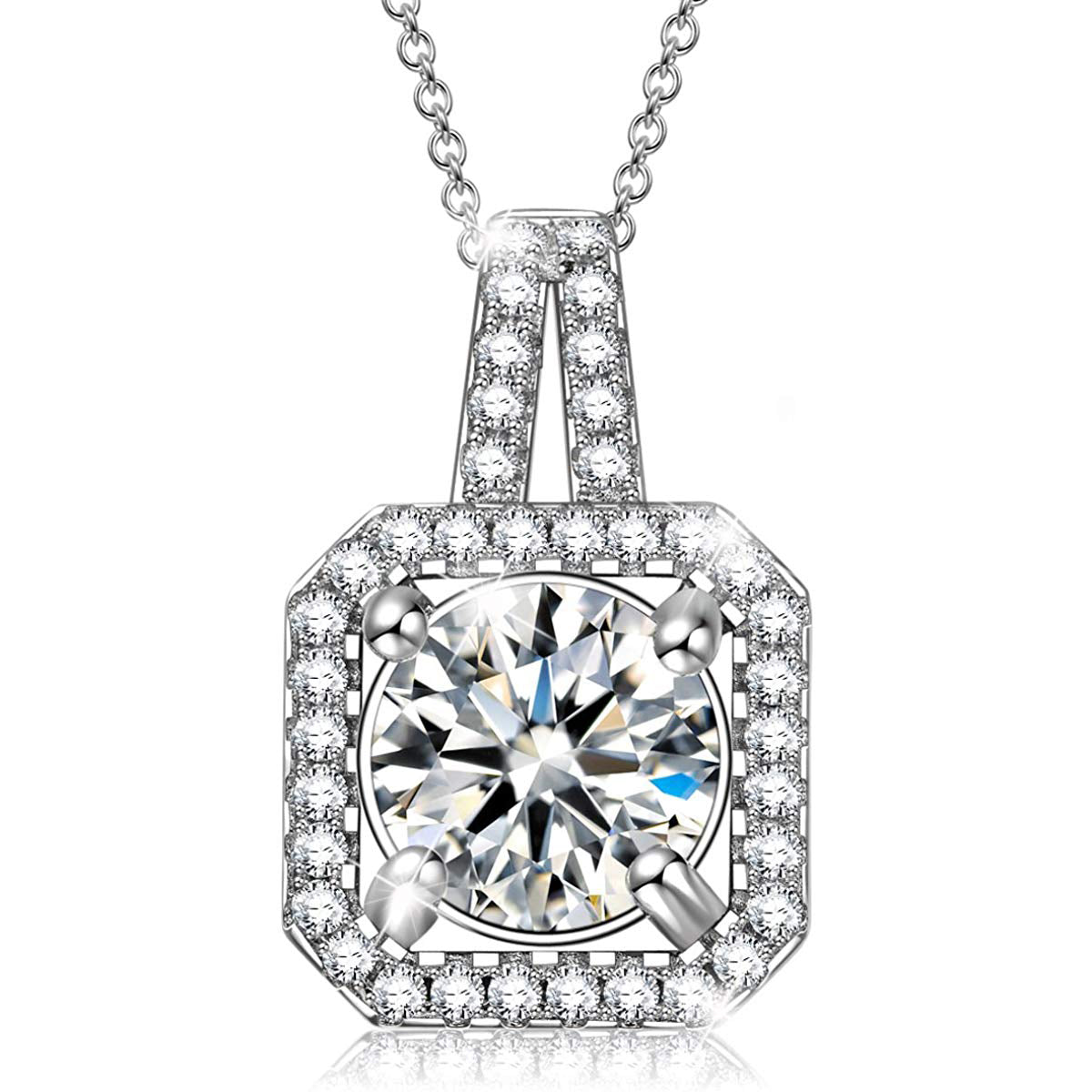 Classic Pave Cushion Frame Pendant Necklace with cubic zirconia stones and rhodium plating, displayed on a soft background.