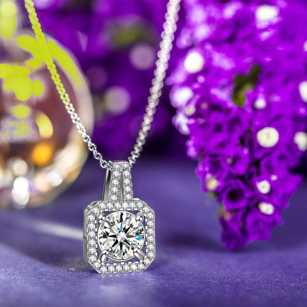 Classic Pave Cushion Frame Pendant Necklace with cubic zirconia stones and rhodium plating, displayed on a soft background.