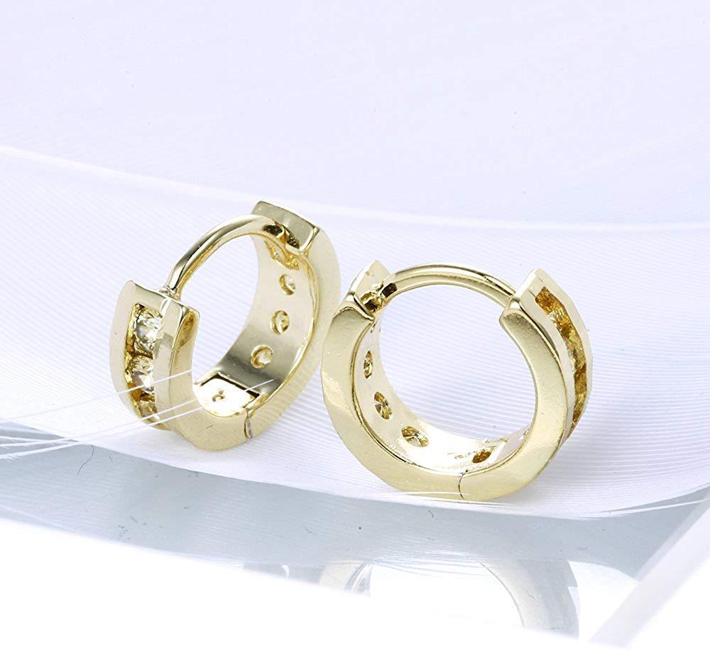 Elegant Classic Round Pave Huggie Earrings featuring 18K gold plating and sparkling Austrian crystals, designed for comfort and style.