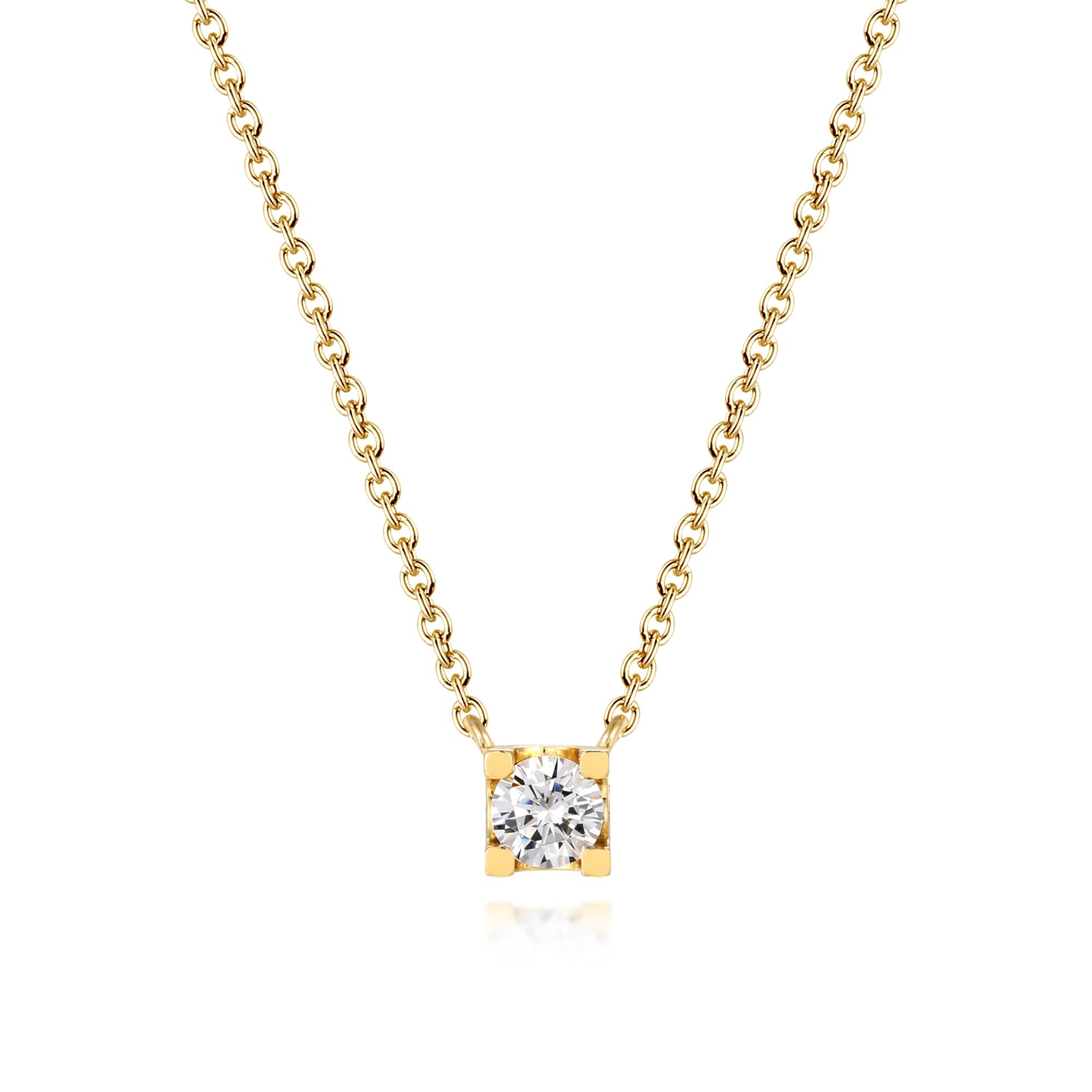 A classic solitaire necklace featuring a white sapphire set in 925 sterling silver with a real 18K gold surface, elegantly displayed on a soft background.