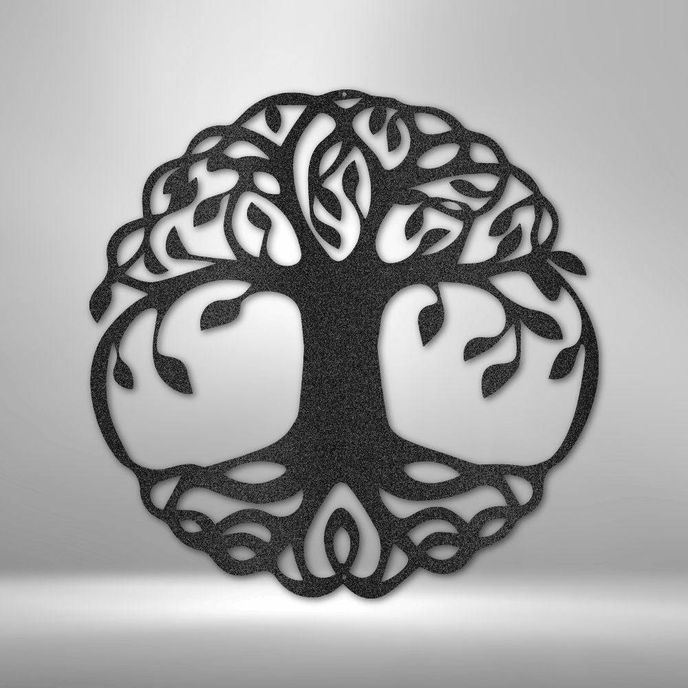 Classic Tree of Life metal wall art, intricately designed and powder-coated for durability, suitable for indoor and outdoor display.