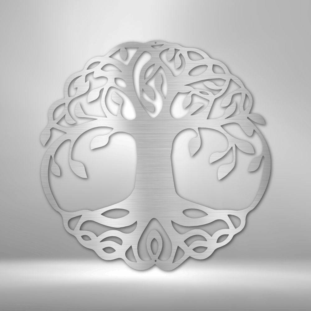 Classic Tree of Life metal wall art, intricately designed and powder-coated for durability, suitable for indoor and outdoor display.