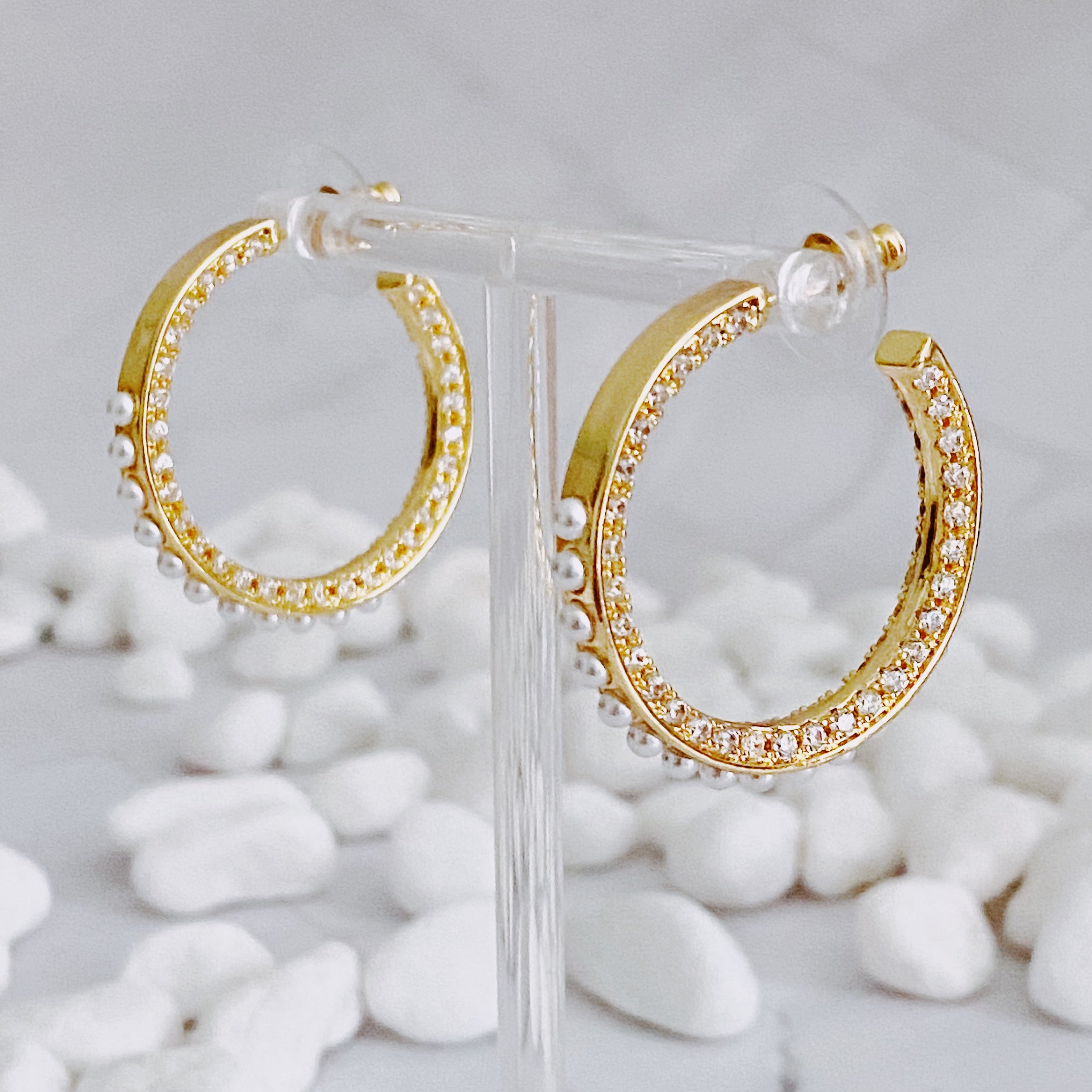 Classy Lady Pearl Hoop Earrings featuring 18K gold plating, cubic zirconia, and pearl beads, elegantly designed for everyday and special occasions.