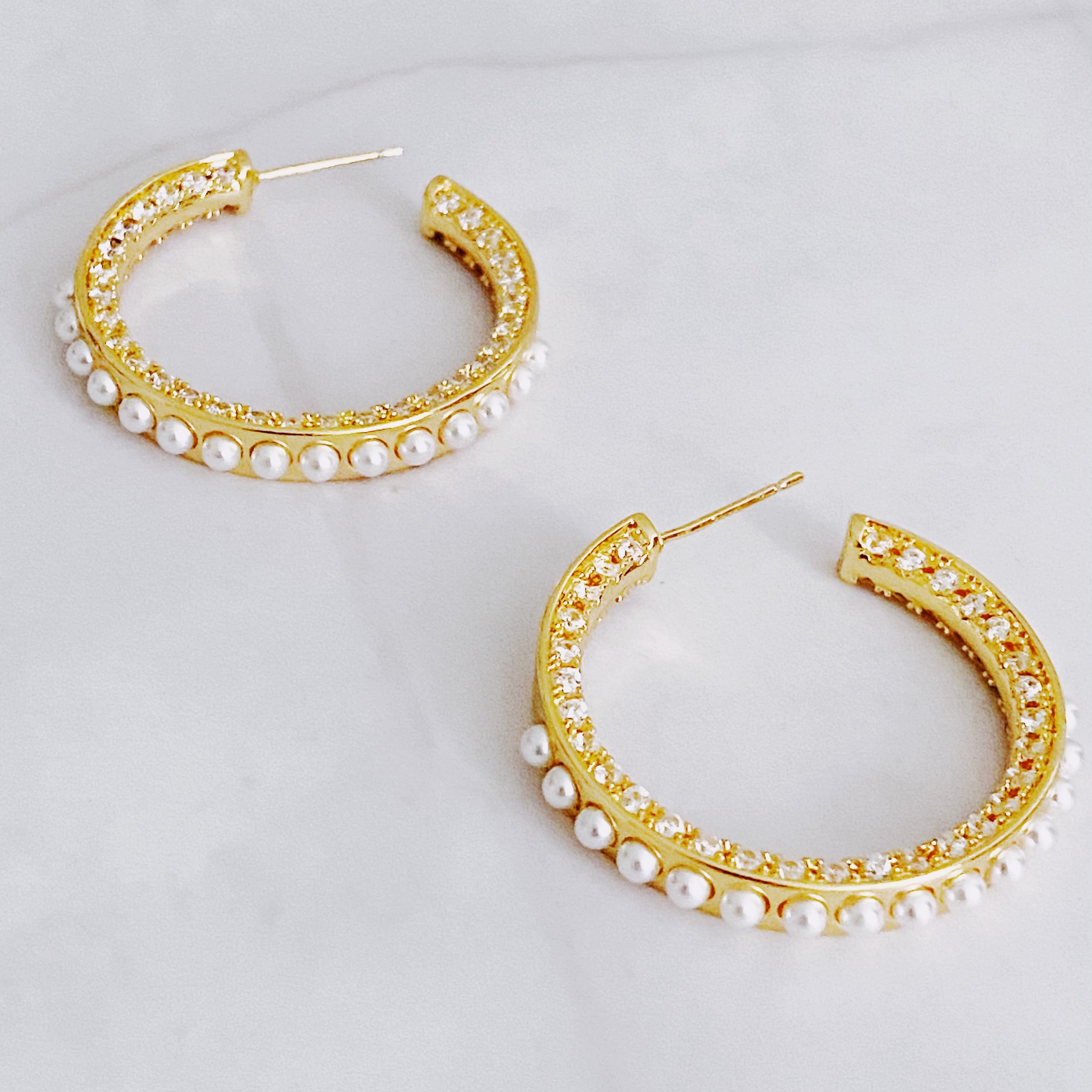 Classy Lady Pearl Hoop Earrings featuring 18K gold plating, cubic zirconia, and pearl beads, elegantly designed for everyday and special occasions.