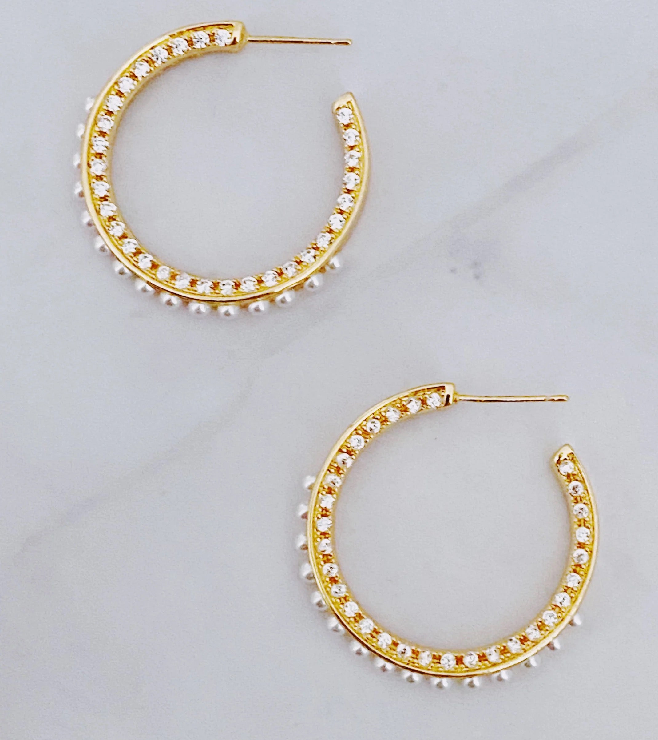 Classy Lady Pearl Hoop Earrings featuring 18K gold plating, cubic zirconia, and pearl beads, elegantly designed for everyday and special occasions.