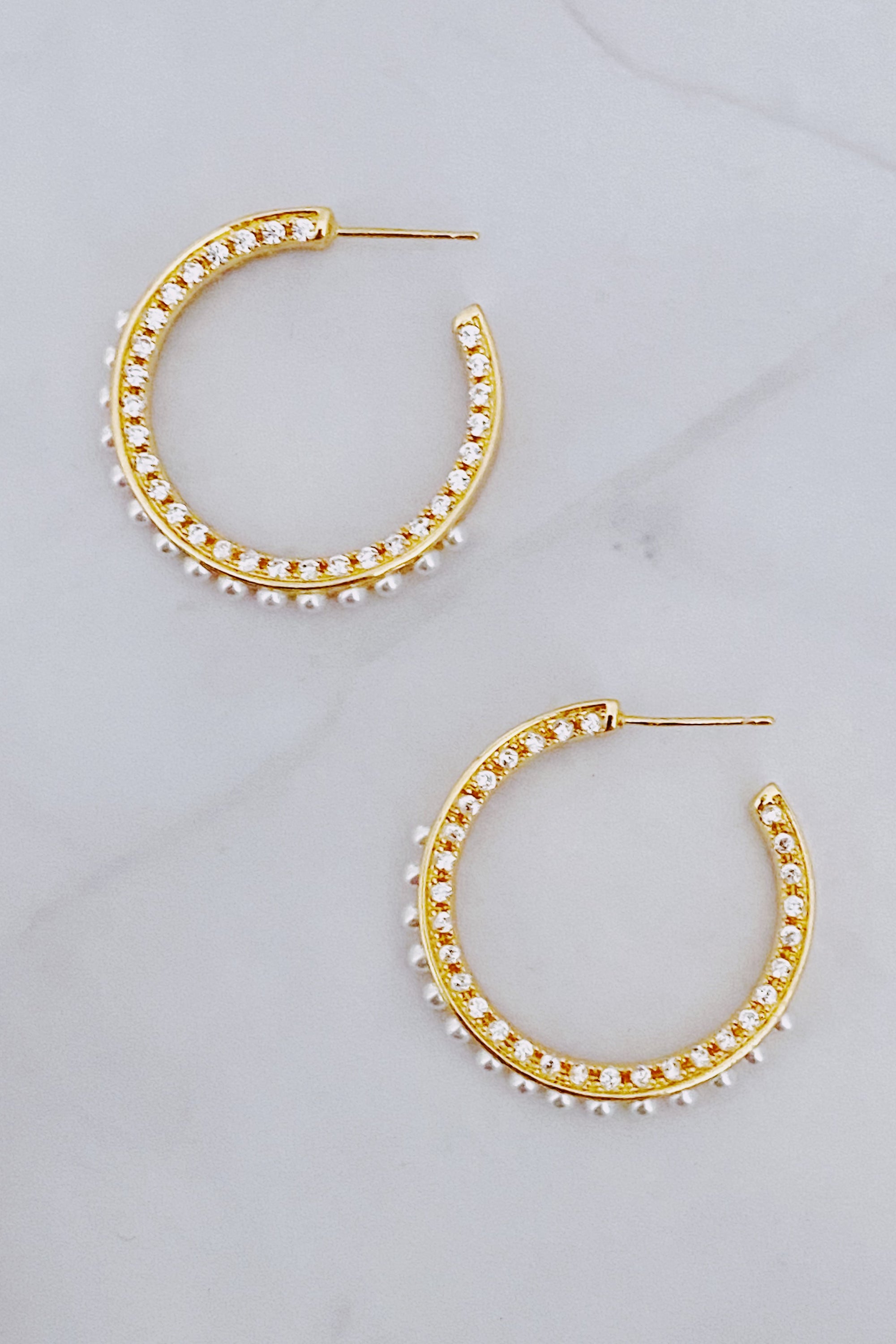 Classy Lady Pearl Hoop Earrings featuring 18K gold plating, cubic zirconia, and pearl beads, elegantly designed for everyday and special occasions.