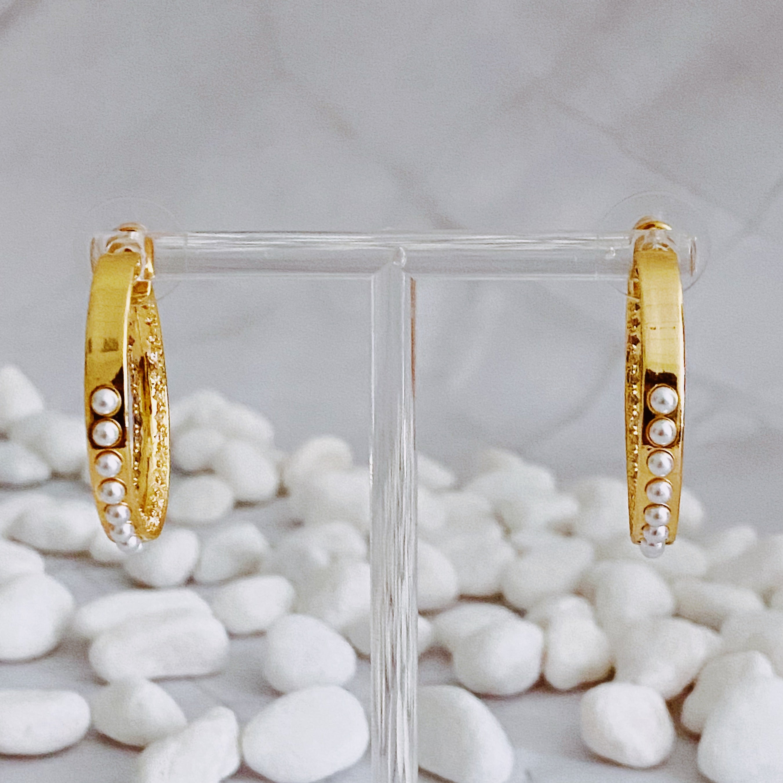 Classy Lady Pearl Hoop Earrings featuring 18K gold plating, cubic zirconia, and pearl beads, elegantly designed for everyday and special occasions.