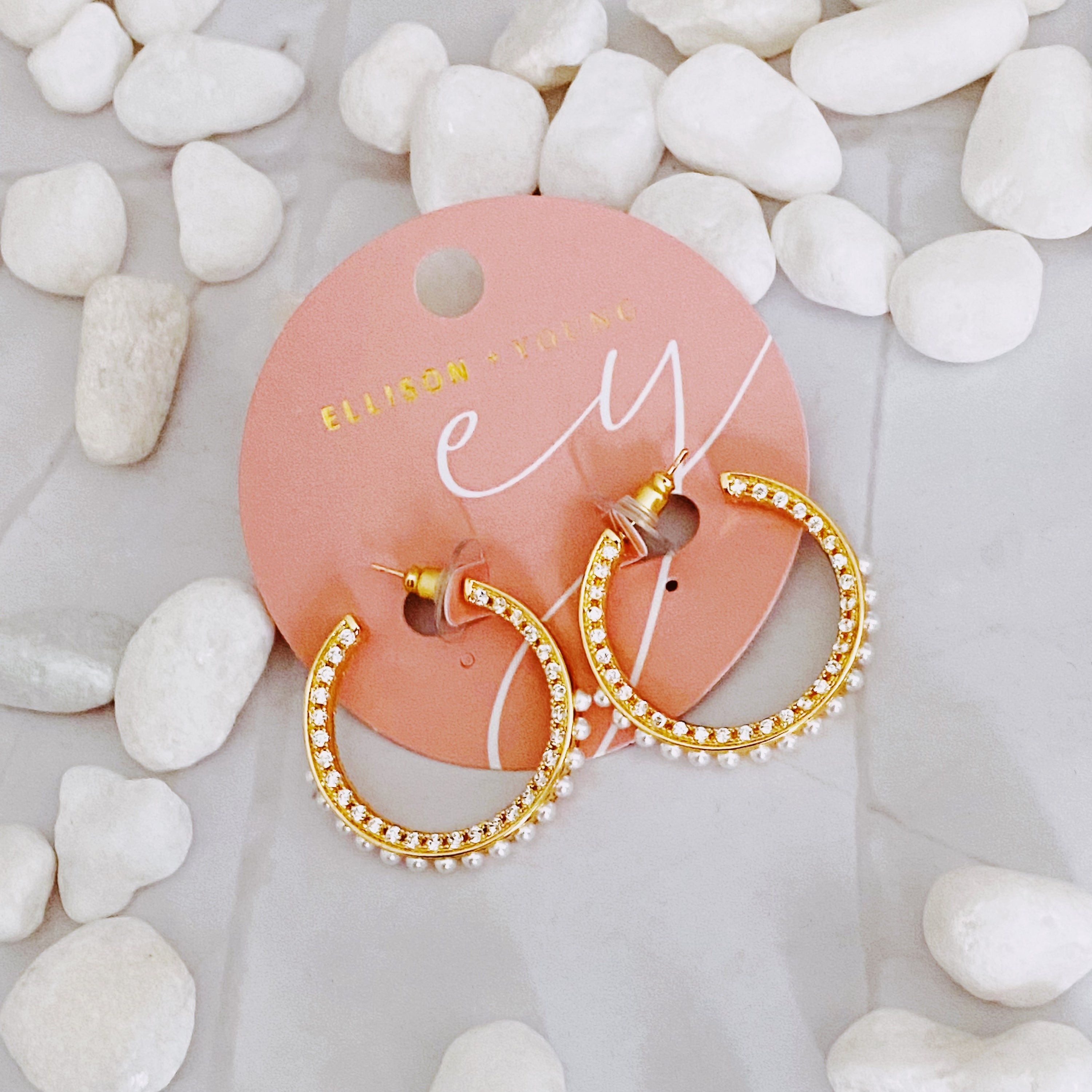 Classy Lady Pearl Hoop Earrings featuring 18K gold plating, cubic zirconia, and pearl beads, elegantly designed for everyday and special occasions.