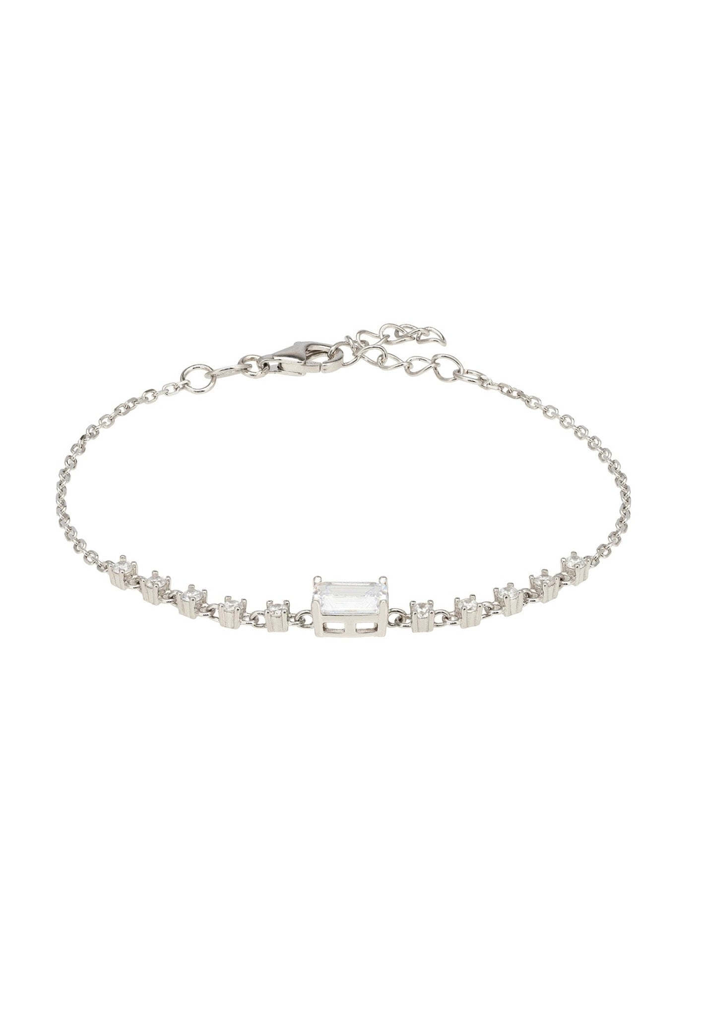 Claudia Gemstone Bracelet in silver featuring a clear quartz gemstone and cubic zirconia accents, elegantly displayed on a soft background.