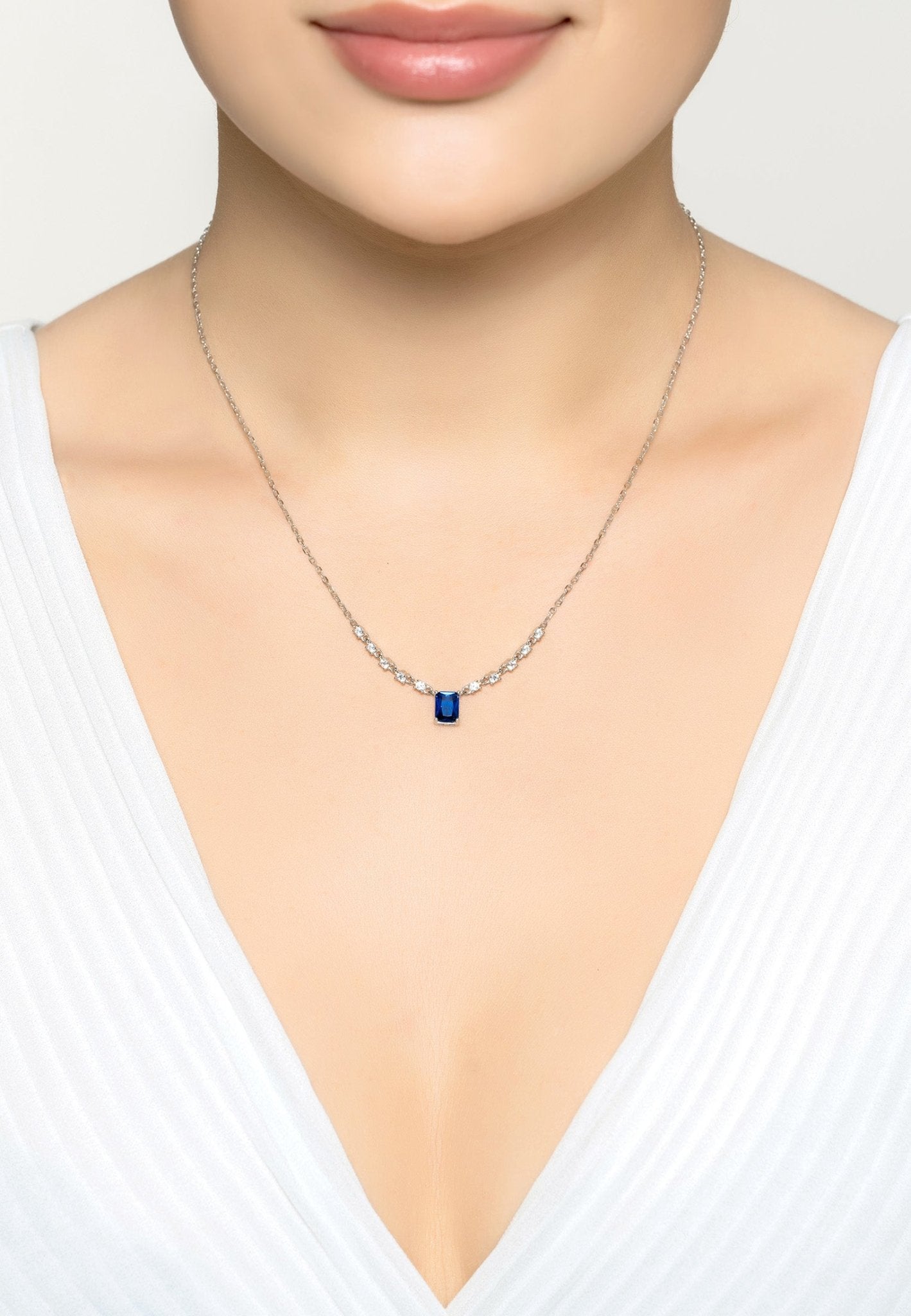 Claudia Gemstone Pendant Necklace featuring a rectangular lab-created sapphire in sterling silver with cubic zirconia accents.