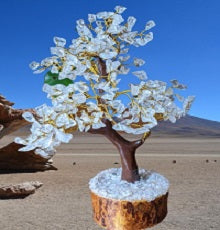 A beautifully handcrafted Clear Quartz Gemstone Tree featuring 300 natural quartz chips on a sturdy wooden base, standing 8-9 inches tall.