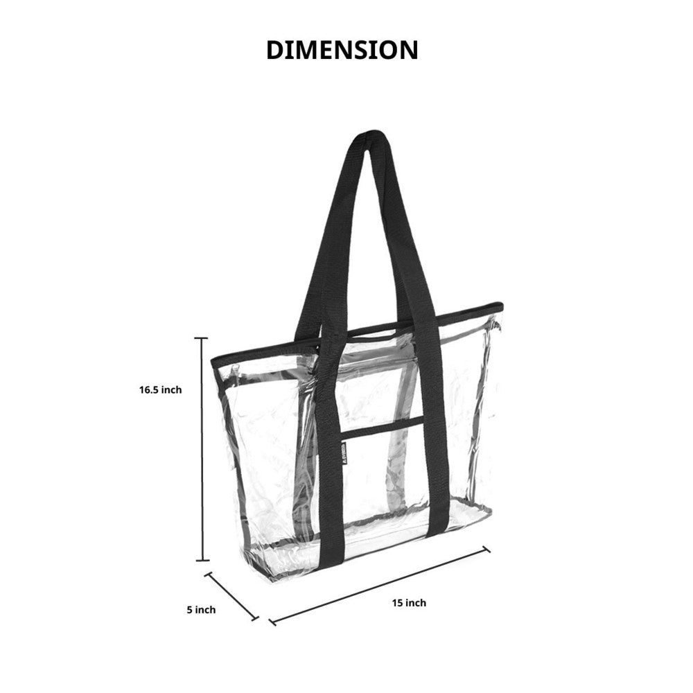 A fully transparent CLEAR SHOPPING TOTE showcasing its spacious design and zippered compartments, ideal for shopping and events.