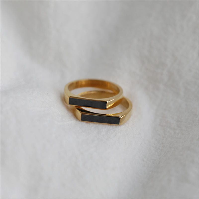 Clementine Dainty Signet Ring featuring black enamel and mother of pearl, set in 18k gold plated stainless steel.