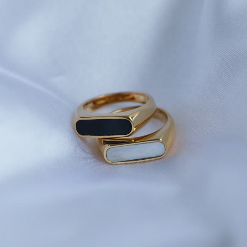 Clementine Thin Signet Enamel Ring featuring a minimalist geometric design with black enamel stone and 18k gold plated stainless steel.