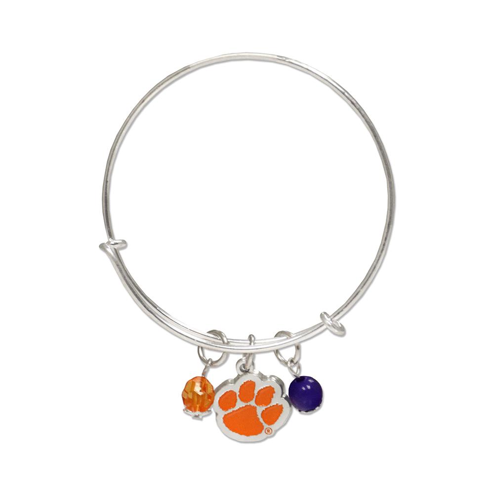 Clemson Bangle Bracelet featuring paw logo and orange-purple rhinestones, adjustable size.