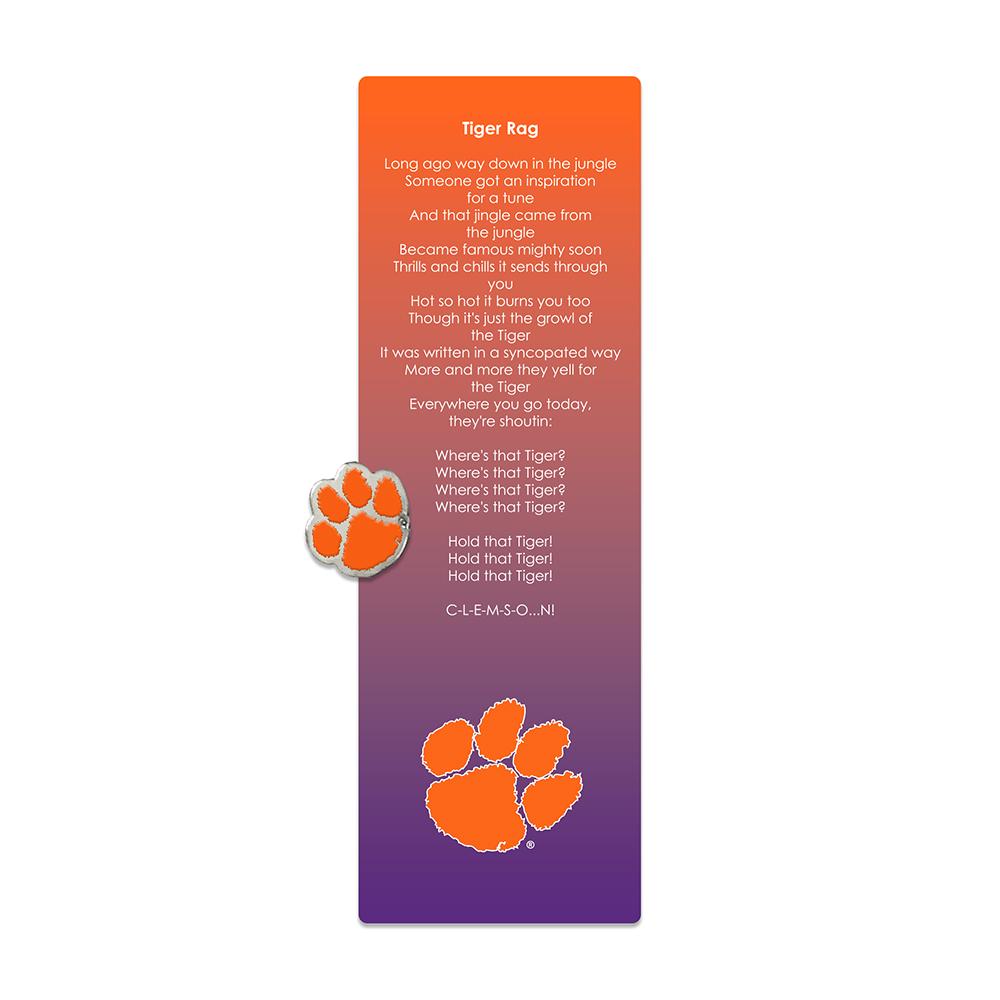 Clemson Bookmark featuring the Tiger Rag fight song and a Clemson logo pin, perfect for fans.