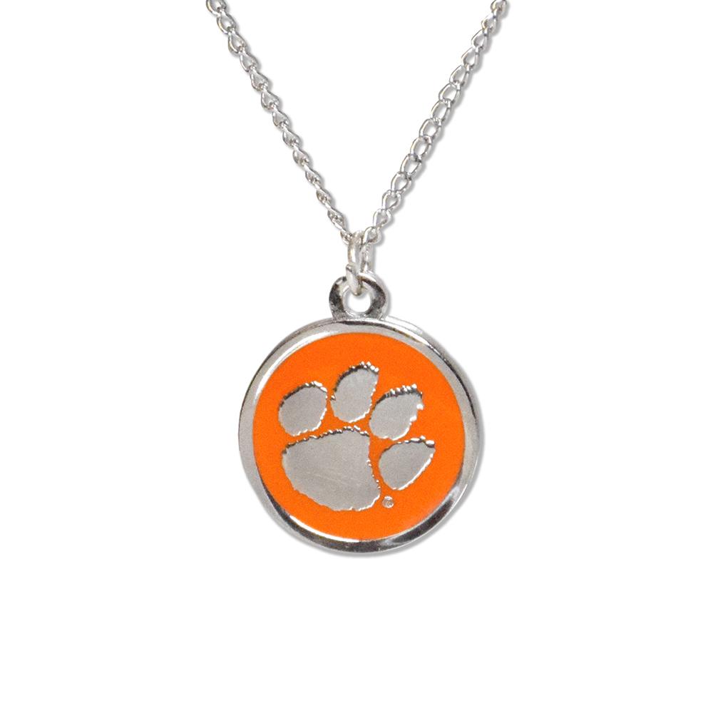 Clemson Cutout Necklace featuring the Clemson logo on a round pendant with a silver finish chain.