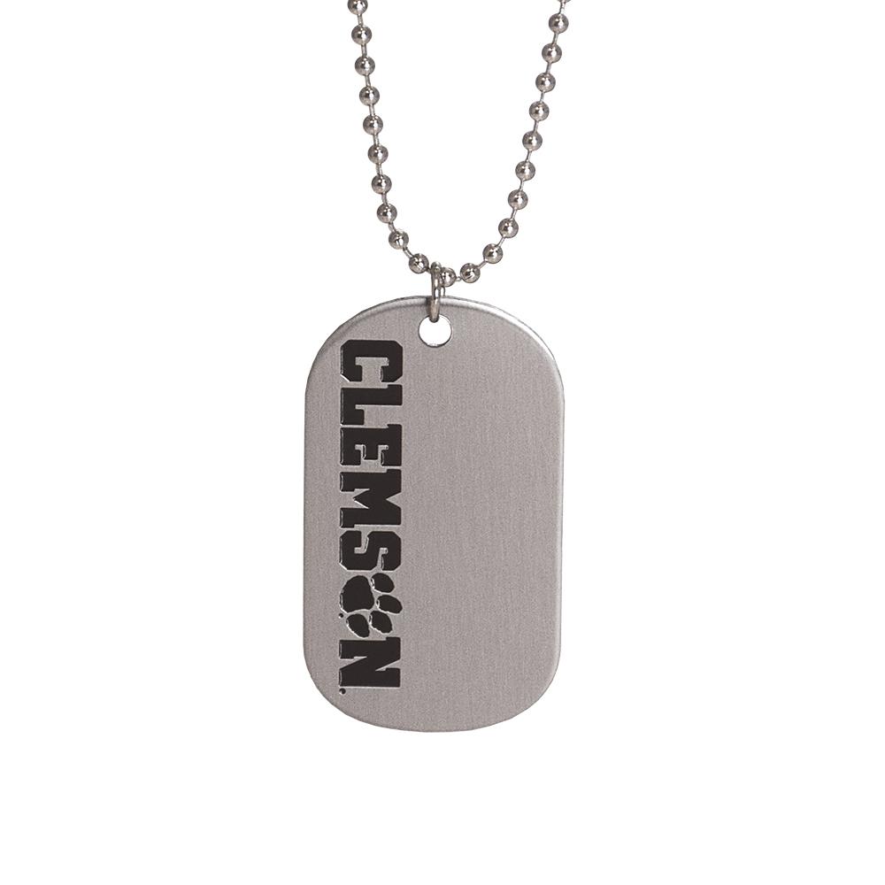 Clemson Dog Tag featuring the Clemson logo on a brushed silver finish, attached to a 24-inch ball chain.