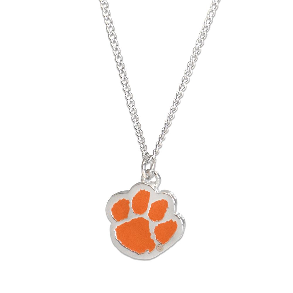 Clemson Fan Necklace featuring the official logo on a silver pendant with an adjustable chain.