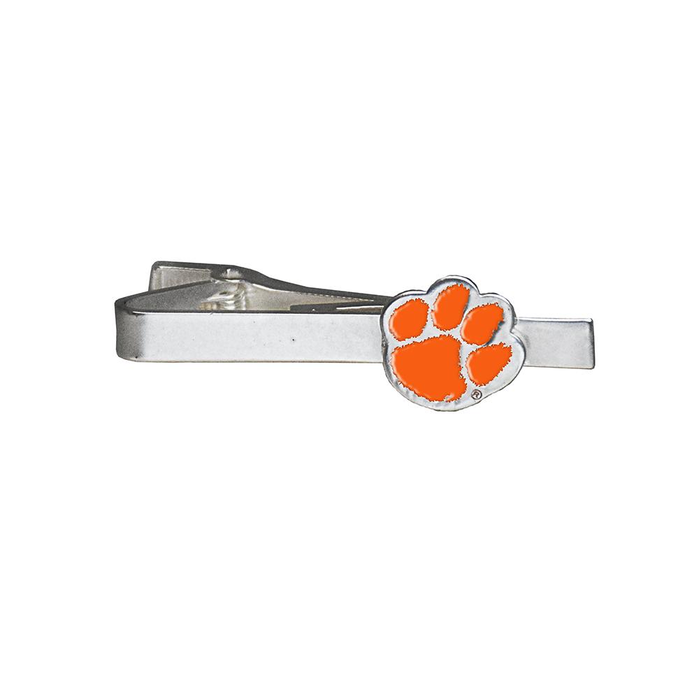 Clemson Tie Bar in brushed silver finish, showcasing the Clemson logo.