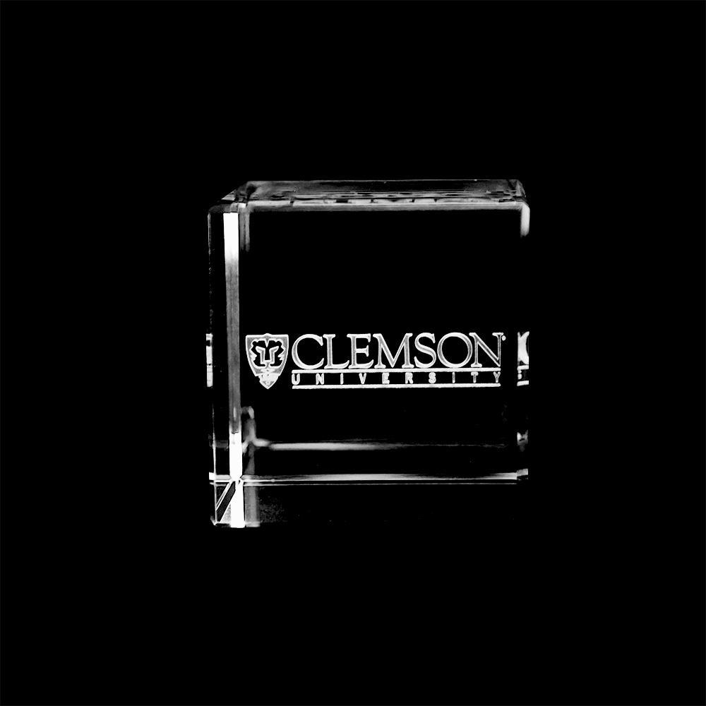 Clemson University Crystal Cube showcasing the Academic Logo inside a clear optical crystal cube.