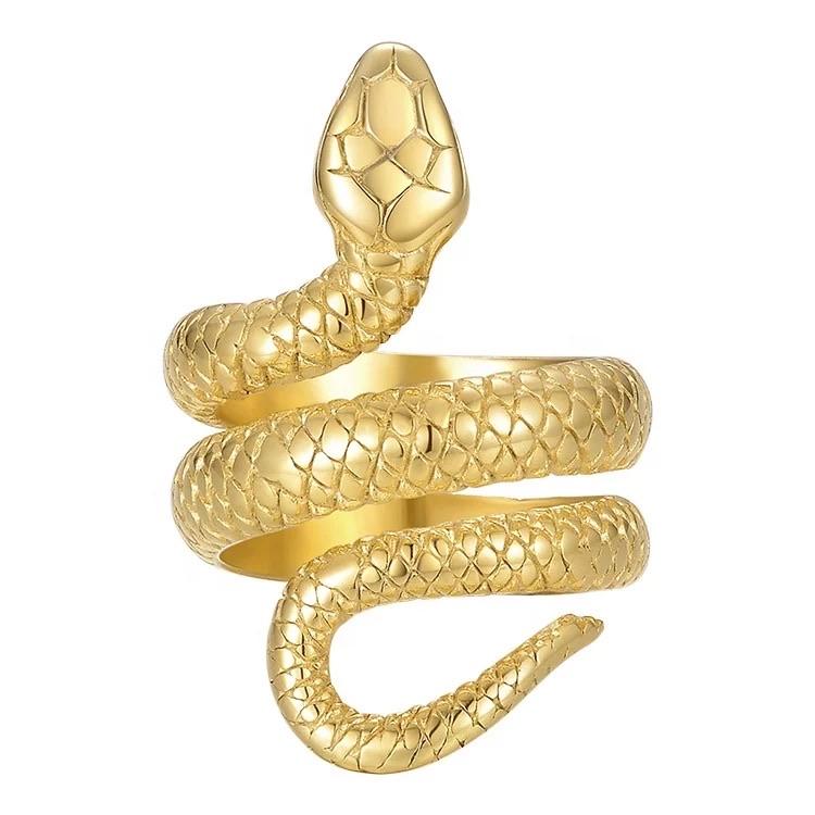 Cleo Snake Ring featuring an elegant snake design, crafted with 18k gold plating, tarnish resistant and hypoallergenic.