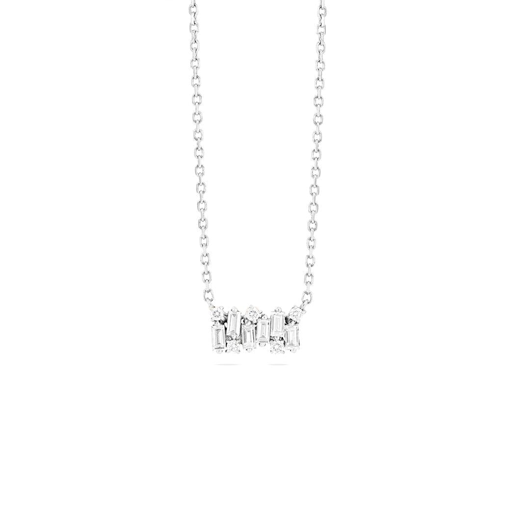 Cluster bar baguette delicate chain necklace made of 925 sterling silver with white gold finish and white sapphires.