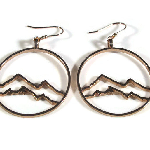 Coastal Mountain Circle Earrings in solid sterling silver with optional 18k gold plating, featuring a mountain circle design and French ear wires.