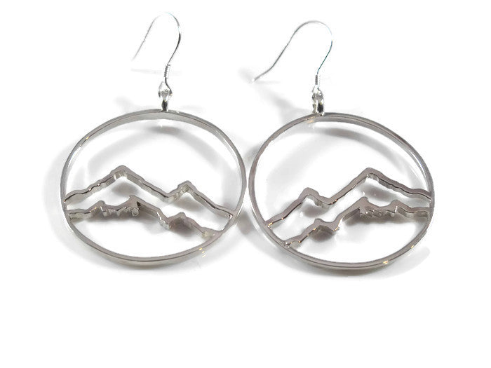 Coastal Mountain Circle Earrings in solid sterling silver with optional 18k gold plating, featuring a mountain circle design and French ear wires.