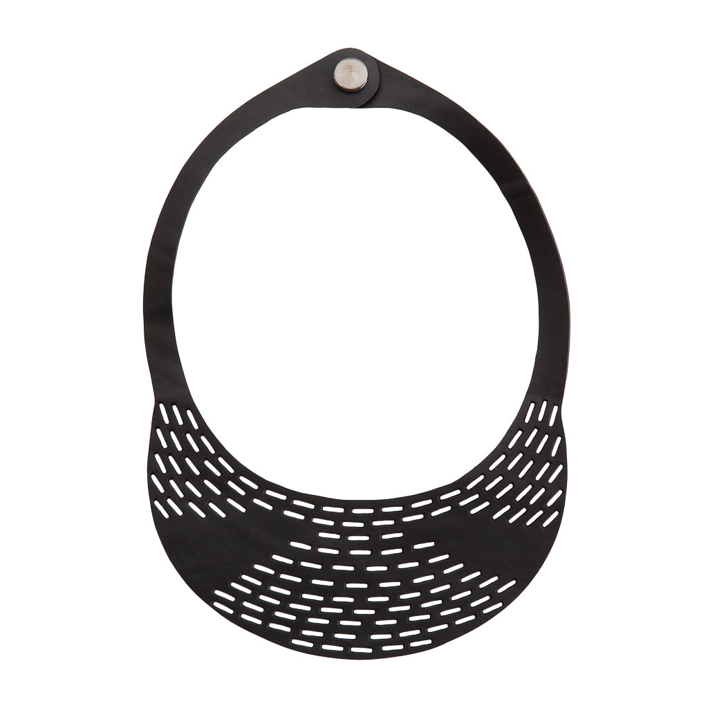 Handcrafted Coding Inner Tube Necklace made from recycled rubber, featuring a unique dash pattern and durable wraparound cord.