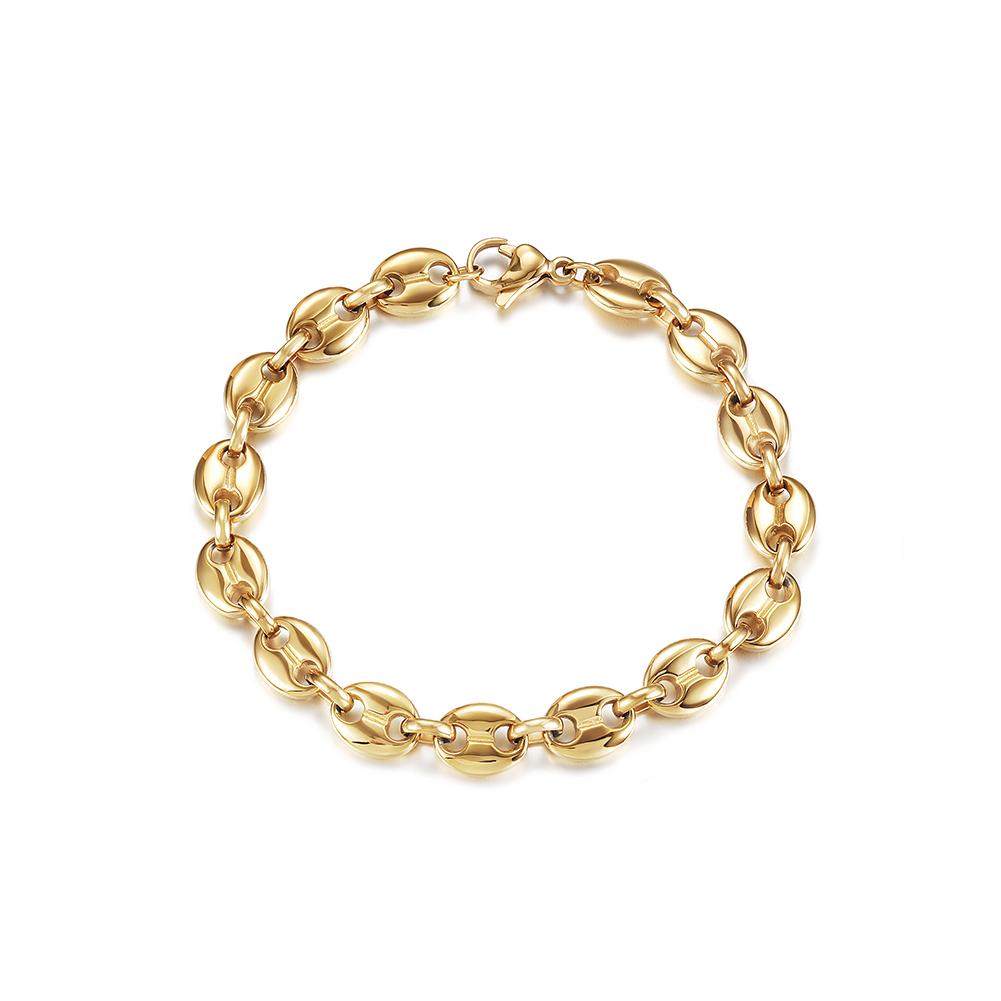 A stylish Coffee Bean Chain Bracelet made of 316L surgical stainless steel with 14K gold PVD plating, showcasing its elegant design.