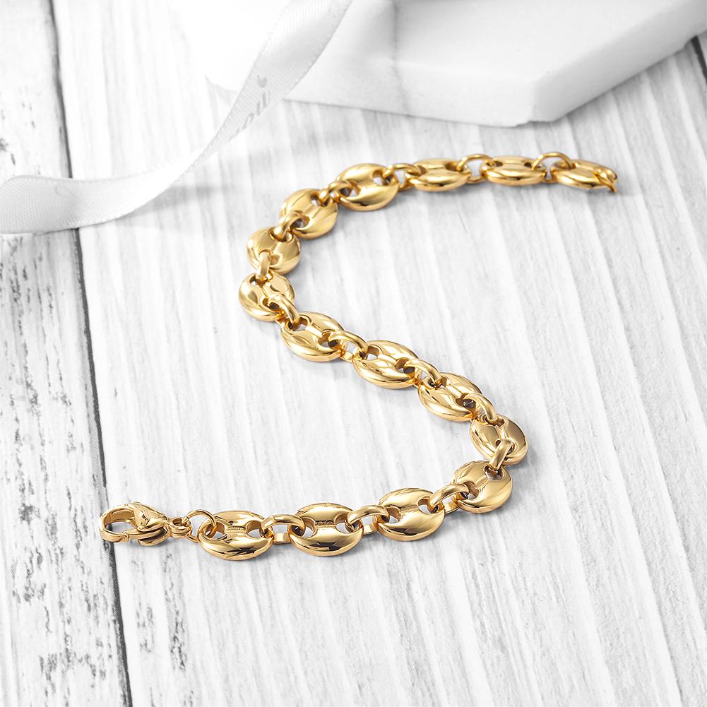 A stylish Coffee Bean Chain Bracelet made of 316L surgical stainless steel with 14K gold PVD plating, showcasing its elegant design.