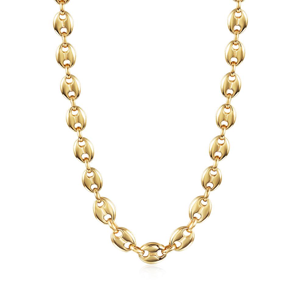 A stylish Coffee Bean Chain Necklace made of 316L surgical stainless steel with 14K gold PVD plating, showcasing its elegant coffee bean links.